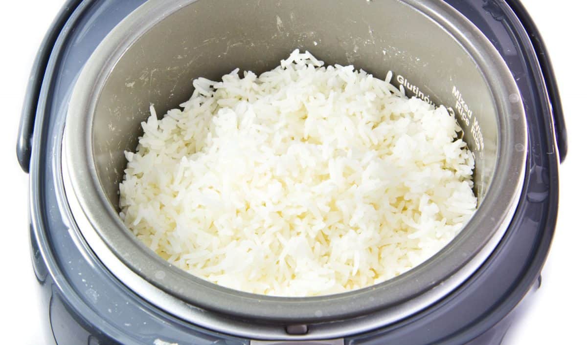电饭锅里的米饭被隔离在白色的背景上