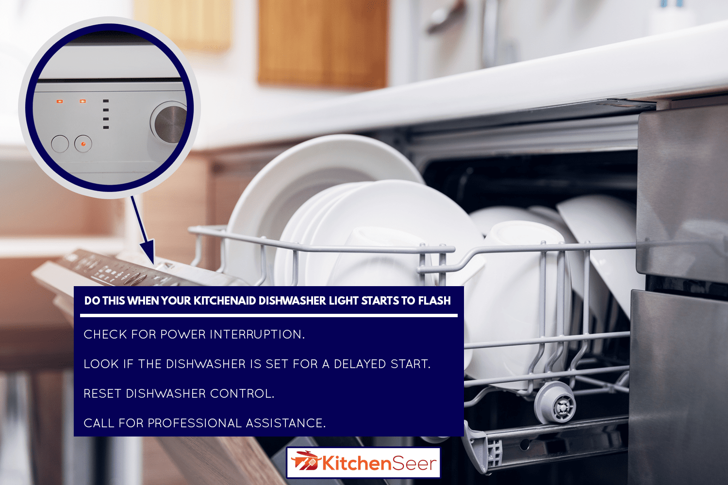 打开洗碗机与清洁的盘子在家里厨房- KitchenAid洗碗机灯闪烁-该做什么bd手机下载